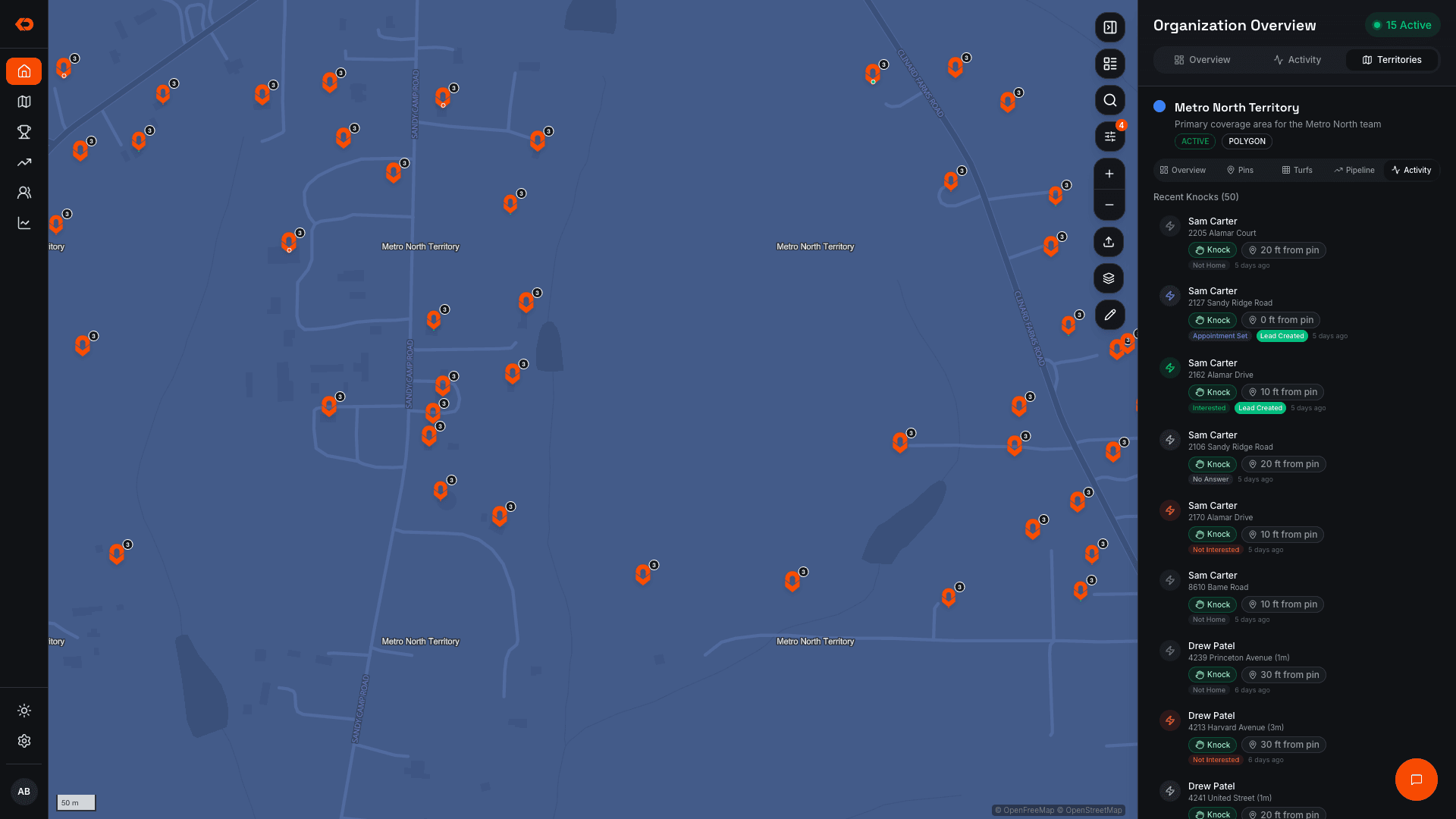 KnockDesk territory Activity view showing door pins, recent visits, outcomes, and GPS distance from each pin