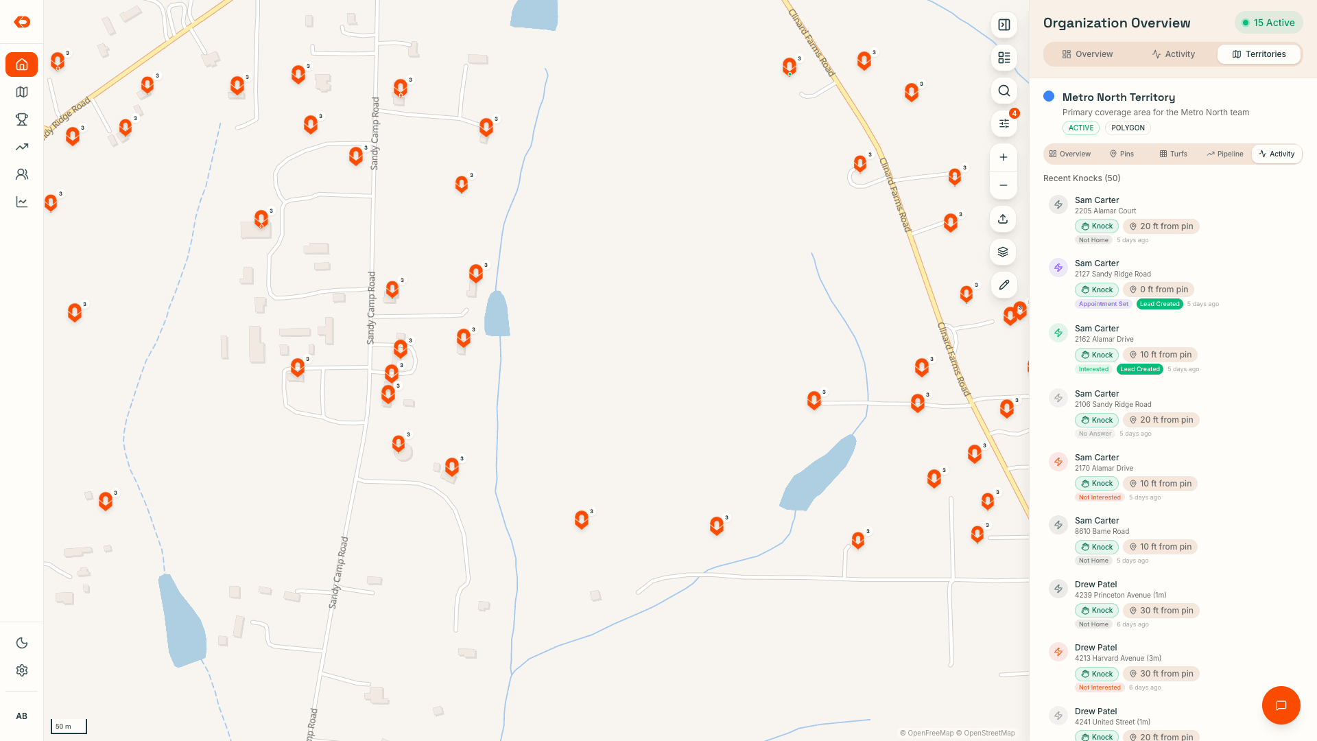 KnockDesk territory Activity view showing door pins, recent visits, outcomes, and GPS distance from each pin