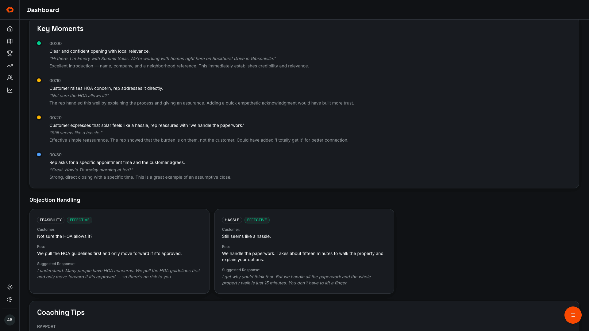 A separate KnockDesk Coach view showing key conversation moments and objection handling feedback