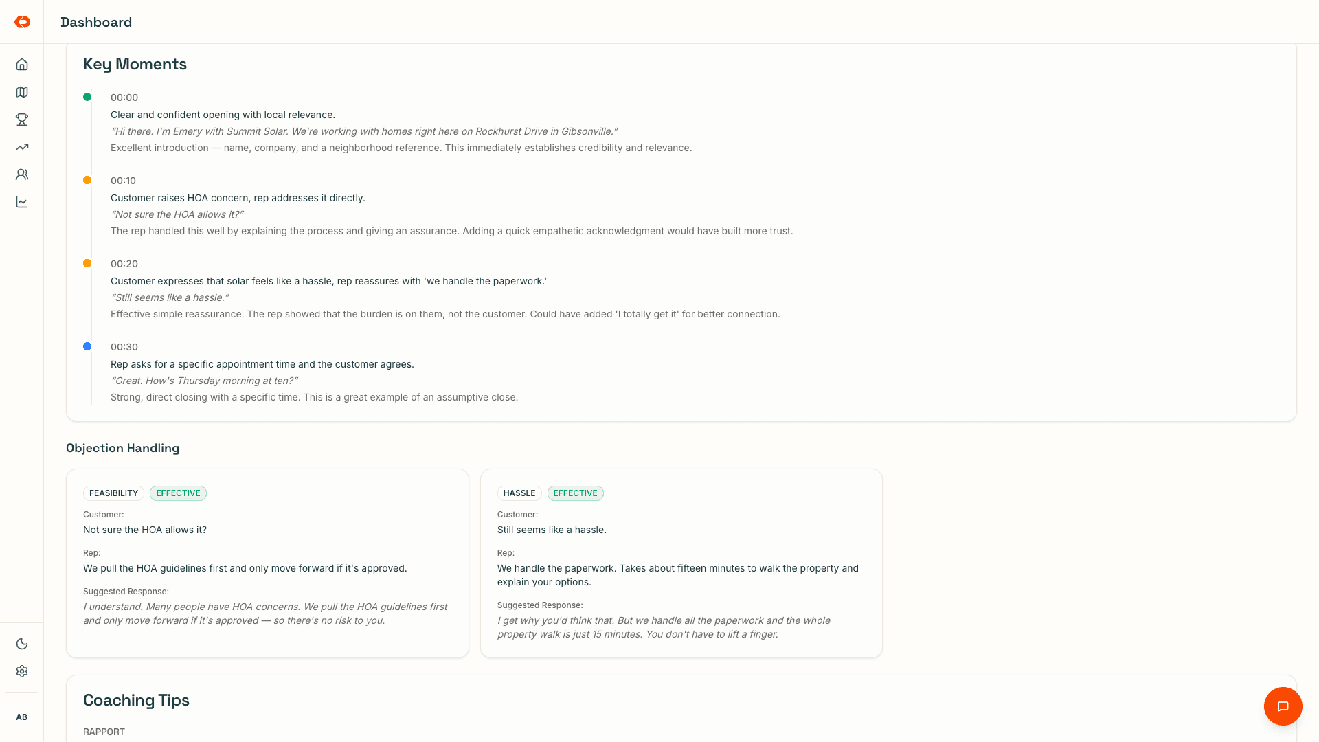 A separate KnockDesk Coach view showing key conversation moments and objection handling feedback