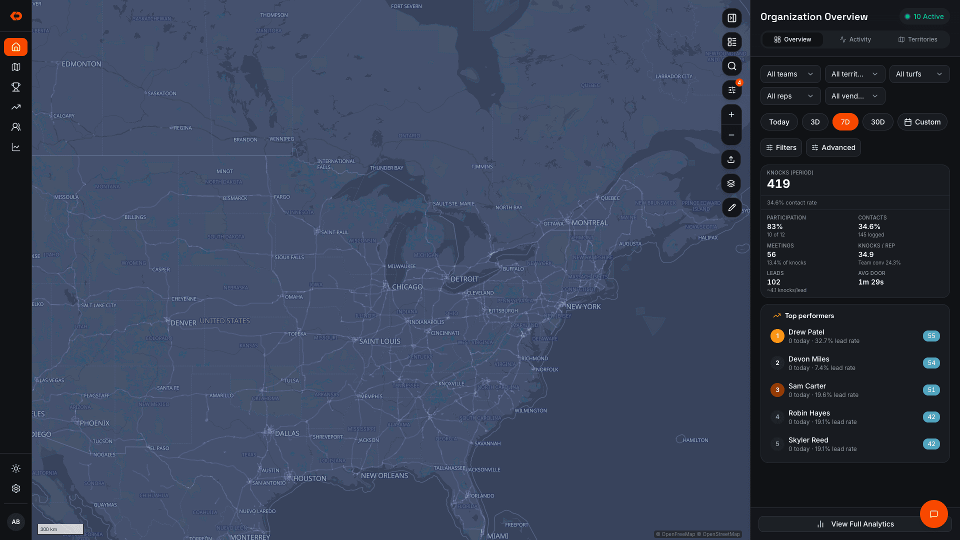KnockDesk organization dashboard showing a field map, team activity, and operating results