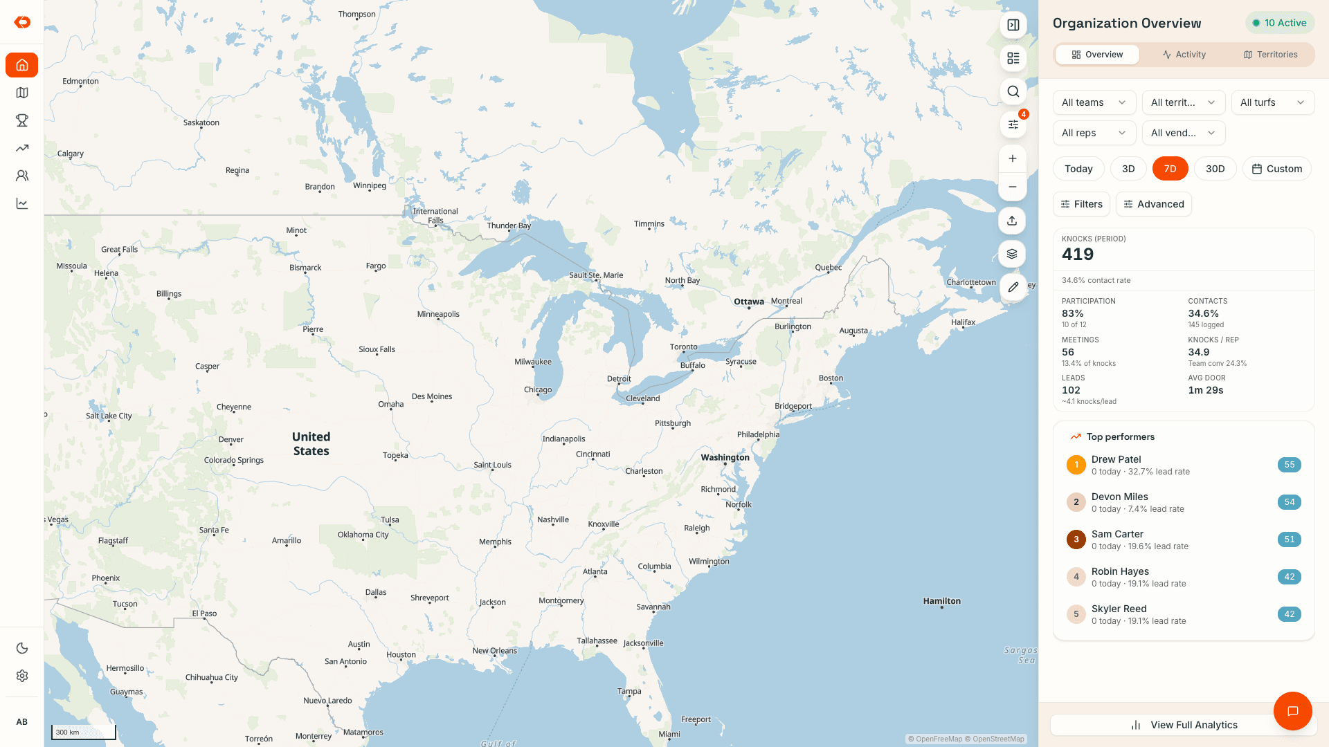 KnockDesk organization dashboard showing a field map, team activity, and operating results