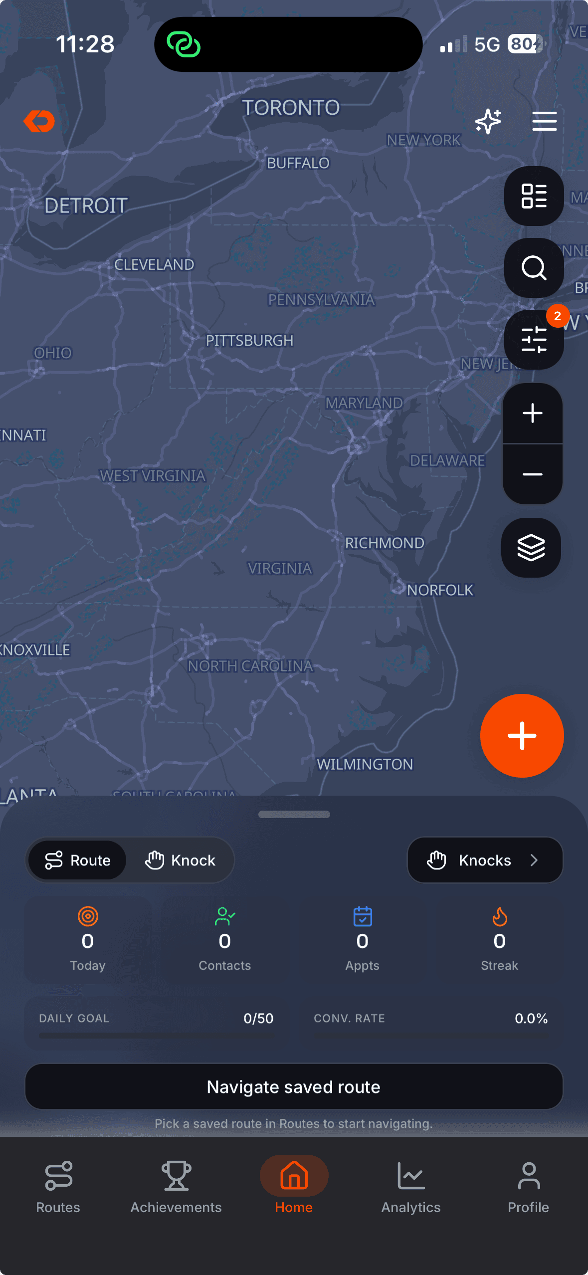 KnockDesk mobile app showing a rep’s field map, route, and daily activity
