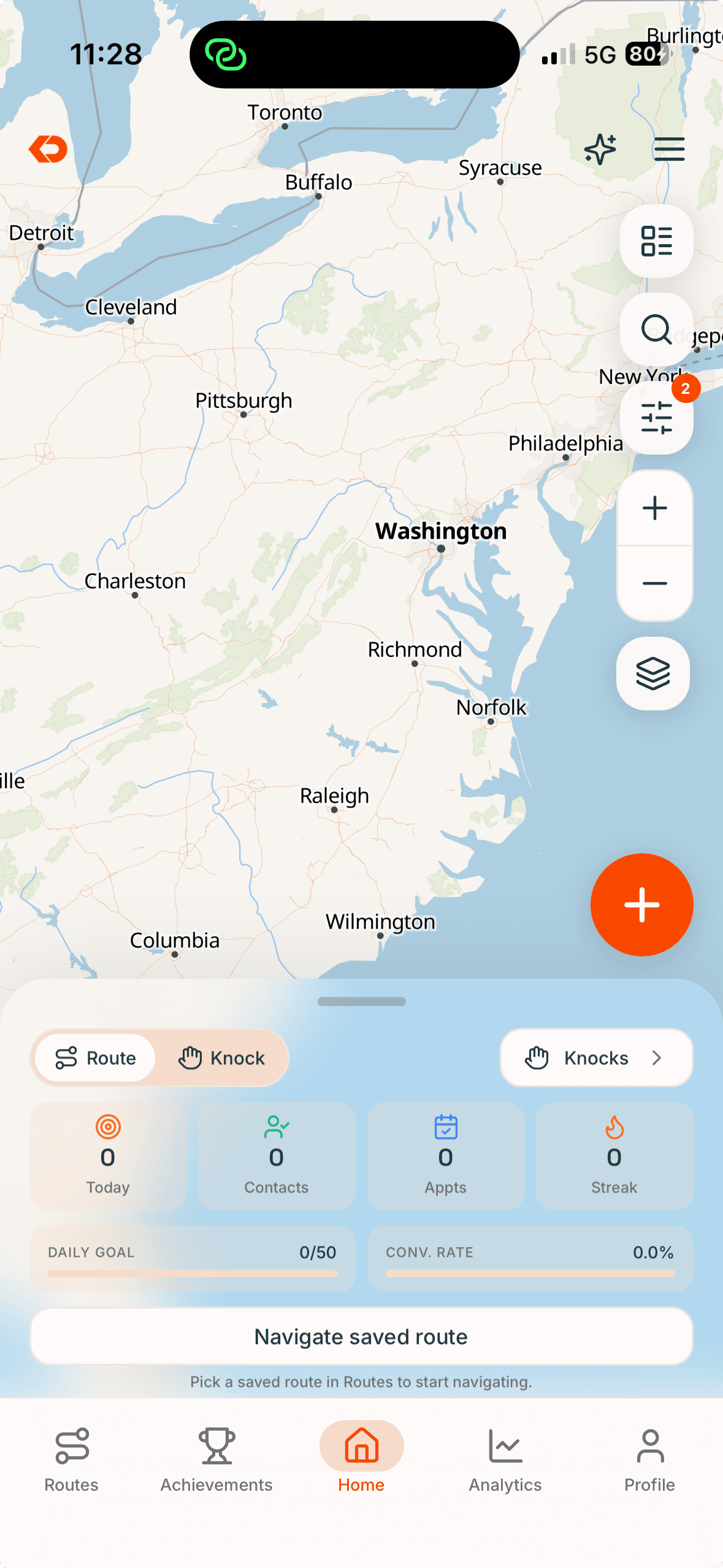 KnockDesk mobile app showing a rep’s field map, route, and daily activity
